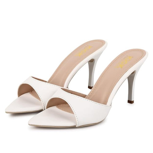 Women's Pointed Toe Stiletto Mule Sandals, Slip On Design, Elegant, Fashion Footwear for Party Evening Casual Occasion Styling, 3.5-Inch Stiletto Heels White