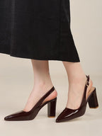 Women's Slingback Block Heel Sandals With 3.5 Inches Clear Heel, Pointed Toe Design, Adjustable Buckle Strap, Glossy Fashion Footwear, Occasion Wear