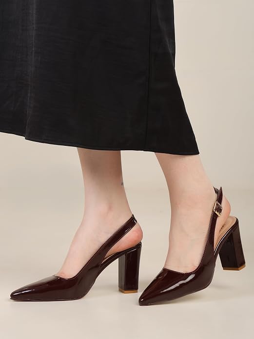 Women's Slingback Block Heel Sandals With 3.5 Inches Clear Heel, Pointed Toe Design, Adjustable Buckle Strap, Glossy Fashion Footwear, Occasion Wear