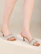 Women's Pearl Embellished Kitten Heel Sandals With 2.5 Inches heel, Square Toe Design, Slip On Fashion Footwear, Occasion Wear,Elegant Party Styling