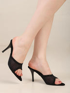 Women's Embellished Mesh Mule Sandals, Pointed Toe Design, Stiletto Heel Footwear, Slip On Fashion Style, Occasion Wear for Parties, 3.5-Inch Stiletto Heels