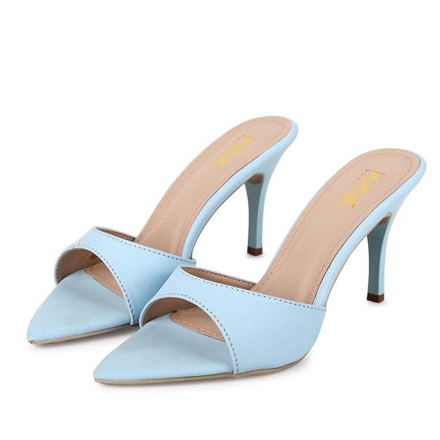 Women's Pointed Toe Stiletto Mule Sandals, Slip On Design, Elegant, Fashion Footwear for Party Evening Casual Occasion Styling, 3.5-Inch Stiletto Heels Blue Hover Image