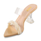 Women's Pearl Embellished Heeled Sandals With 3.5 Inches Clear Prism Heel, Pointed Toe Design, Transparent Strap Styling, Clear Prism Heel, Occasion Fashion Footwear
