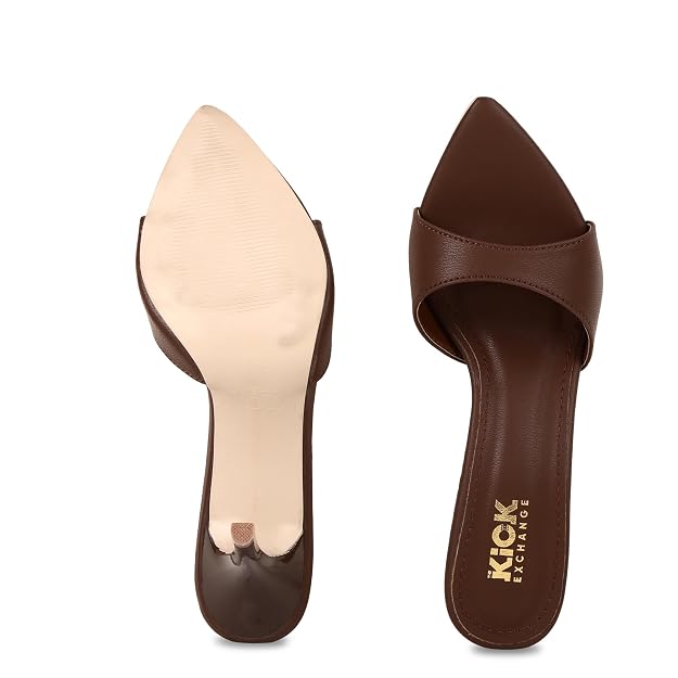 Women's Pointed Toe Stiletto Mule Sandals, Slip On Design, Elegant, Fashion Footwear for Party Evening Casual Occasion Styling, 3.5-Inch Stiletto Heels Brown