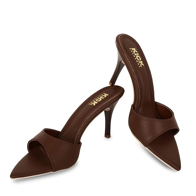 Women's Pointed Toe Stiletto Mule Sandals, Slip On Design, Elegant, Fashion Footwear for Party Evening Casual Occasion Styling, 3.5-Inch Stiletto Heels Brown