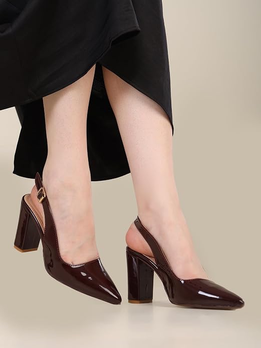 Women's Slingback Block Heel Sandals With 3.5 Inches Clear Heel, Pointed Toe Design, Adjustable Buckle Strap, Glossy Fashion Footwear, Occasion Wear
