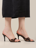 Women's Leopard Print Mule Sandals, Pointed Toe Design, Stiletto Heel Footwear, Slip On Fashion Style, Animal Pattern Occasion Wear, 3.5 Inch Stiletto Heels