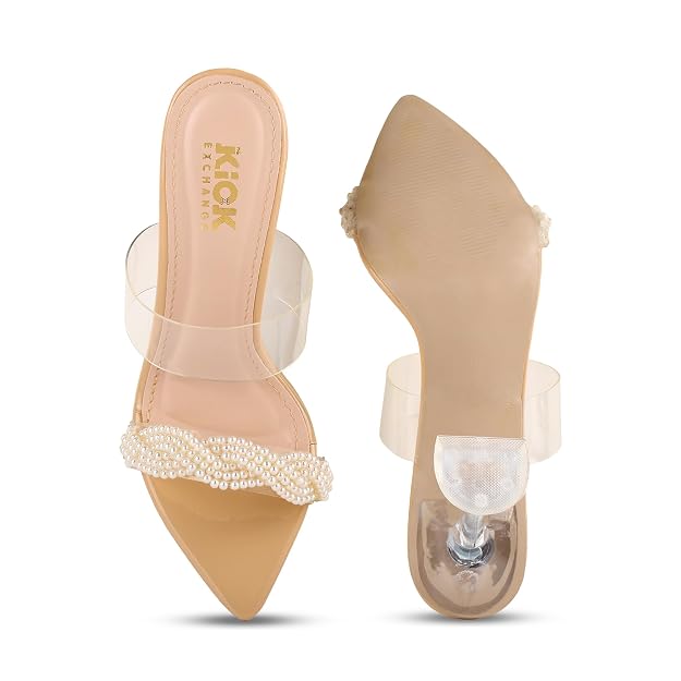 Women's Pearl Embellished Heeled Sandals With 3.5 Inches Clear Prism Heel, Pointed Toe Design, Transparent Strap Styling, Clear Prism Heel, Occasion Fashion Footwear