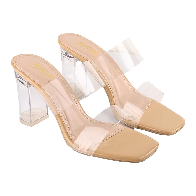 Women's Double Strap Block Heel Sandals With 3.5 Inches Clear Heel, Square Toe Design, Slip On Fashion Footwear, Casual Occasion Wear