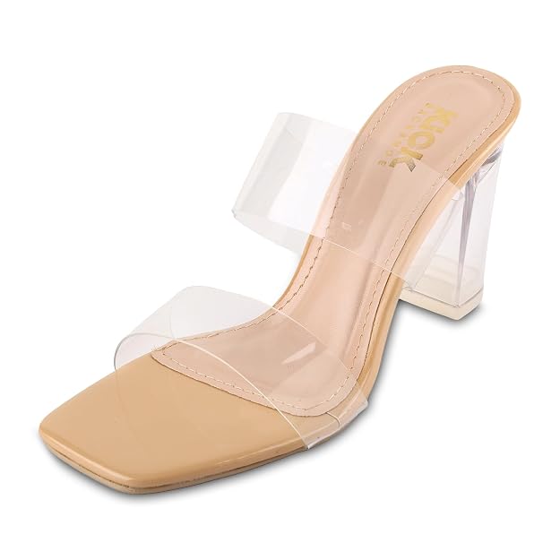 Women's Double Strap Block Heel Sandals With 3.5 Inches Clear Heel, Square Toe Design, Slip On Fashion Footwear, Casual Occasion Wear