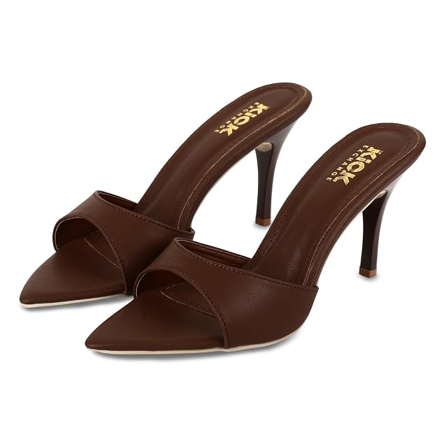 Women's Pointed Toe Stiletto Mule Sandals, Slip On Design, Elegant, Fashion Footwear for Party Evening Casual Occasion Styling, 3.5-Inch Stiletto Heels Brown