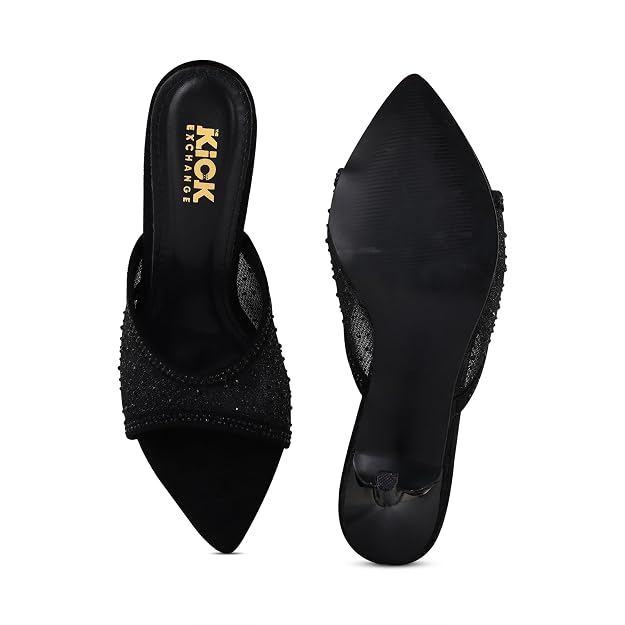 Women's Embellished Mesh Mule Sandals, Pointed Toe Design, Stiletto Heel Footwear, Slip On Fashion Style, Occasion Wear for Parties, 3.5-Inch Stiletto Heels