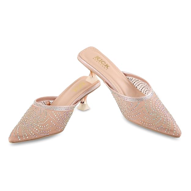 Women's Rhinestone Embellished Mule Sandals With 2 Inches Spool Heel, Pointed Toe Design,Slip On Fashion Footwear, Party Occasion Wear