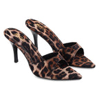 Women's Leopard Print Mule Sandals, Pointed Toe Design, Stiletto Heel Footwear, Slip On Fashion Style, Animal Pattern Occasion Wear, 3.5 Inch Stiletto Heels