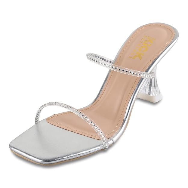Women's Rhinestone Strap Sandals With 3 Inches Clear Spool Heel, Square Toe Design, Slip On Party Style, Occasion Fashion Wear
