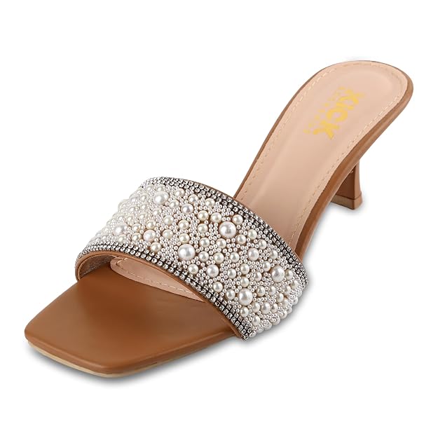 Women's Pearl Embellished Kitten Heel Sandals With 2.5 Inches heel, Square Toe Design, Slip On Fashion Footwear, Occasion Wear,Elegant Party Styling