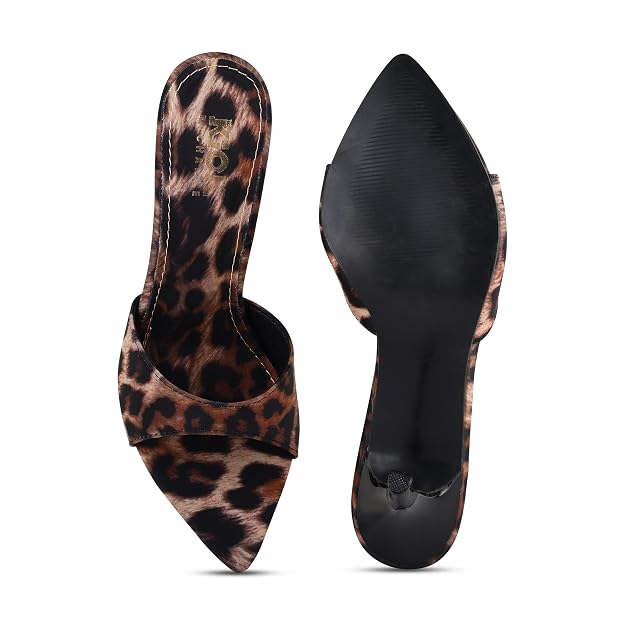 Women's Leopard Print Mule Sandals, Pointed Toe Design, Stiletto Heel Footwear, Slip On Fashion Style, Animal Pattern Occasion Wear, 3.5 Inch Stiletto Heels