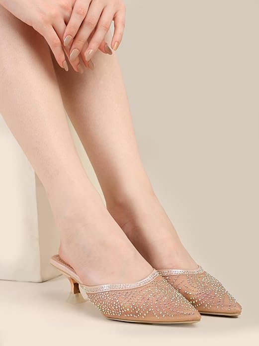 Women's Rhinestone Embellished Mule Sandals With 2 Inches Spool Heel, Pointed Toe Design,Slip On Fashion Footwear, Party Occasion Wear