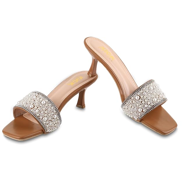 Women's Pearl Embellished Kitten Heel Sandals With 2.5 Inches heel, Square Toe Design, Slip On Fashion Footwear, Occasion Wear,Elegant Party Styling