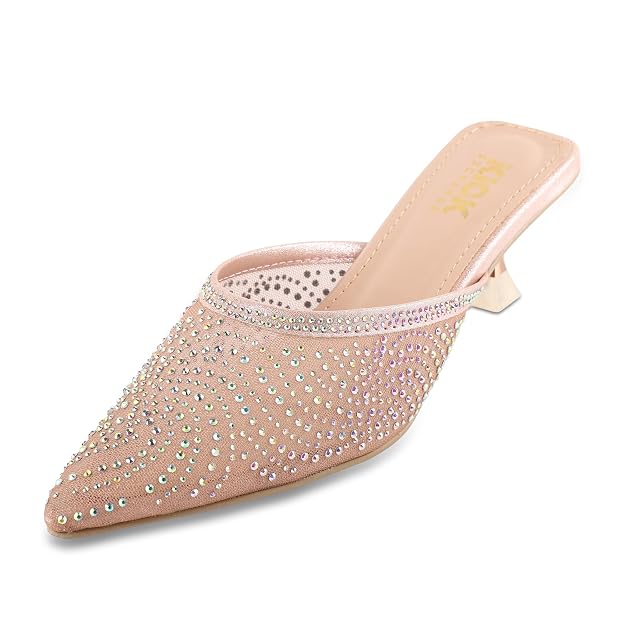 Women's Rhinestone Embellished Mule Sandals With 2 Inches Spool Heel, Pointed Toe Design,Slip On Fashion Footwear, Party Occasion Wear