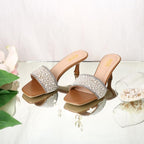 Women's Pearl Embellished Kitten Heel Sandals With 2.5 Inches heel, Square Toe Design, Slip On Fashion Footwear, Occasion Wear,Elegant Party Styling