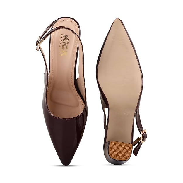 Women's Slingback Block Heel Sandals With 3.5 Inches Clear Heel, Pointed Toe Design, Adjustable Buckle Strap, Glossy Fashion Footwear, Occasion Wear