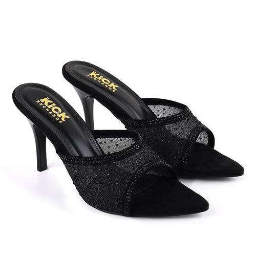 Women's Embellished Mesh Mule Sandals, Pointed Toe Design, Stiletto Heel Footwear, Slip On Fashion Style, Occasion Wear for Parties, 3.5-Inch Stiletto Heels