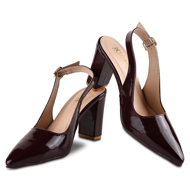 Women's Slingback Block Heel Sandals With 3.5 Inches Clear Heel, Pointed Toe Design, Adjustable Buckle Strap, Glossy Fashion Footwear, Occasion Wear
