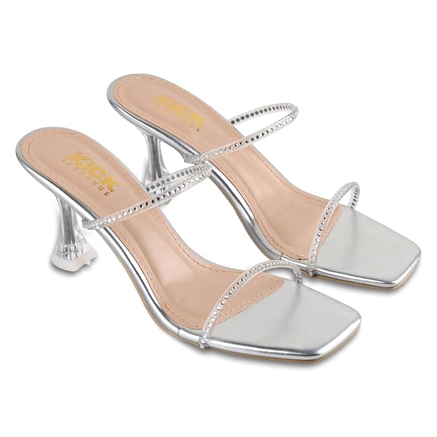Women's Rhinestone Strap Sandals With 3 Inches Clear Spool Heel, Square Toe Design, Slip On Party Style, Occasion Fashion Wear Hover Image