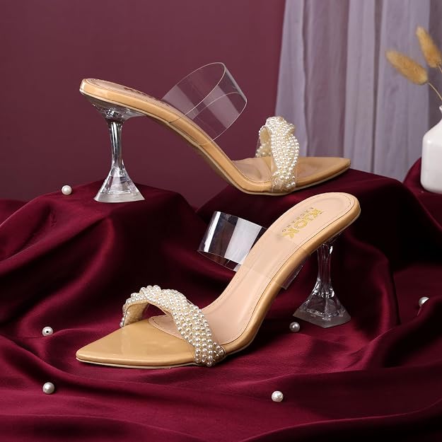 Women's Pearl Embellished Heeled Sandals With 3.5 Inches Clear Prism Heel, Pointed Toe Design, Transparent Strap Styling, Clear Prism Heel, Occasion Fashion Footwear