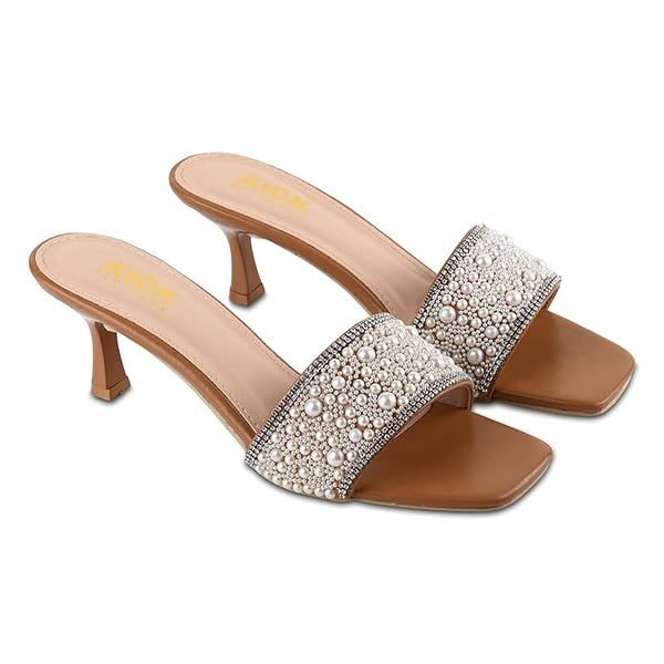 Women's Pearl Embellished Kitten Heel Sandals With 2.5 Inches heel, Square Toe Design, Slip On Fashion Footwear, Occasion Wear,Elegant Party Styling