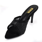 Women's Embellished Mesh Mule Sandals, Pointed Toe Design, Stiletto Heel Footwear, Slip On Fashion Style, Occasion Wear for Parties, 3.5-Inch Stiletto Heels