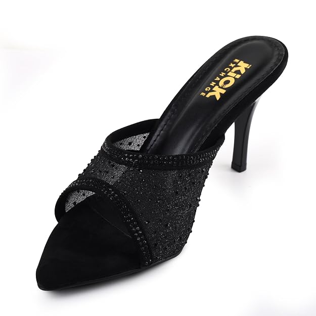 Women's Embellished Mesh Mule Sandals, Pointed Toe Design, Stiletto Heel Footwear, Slip On Fashion Style, Occasion Wear for Parties, 3.5-Inch Stiletto Heels