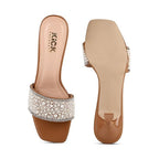 Women's Pearl Embellished Kitten Heel Sandals With 2.5 Inches heel, Square Toe Design, Slip On Fashion Footwear, Occasion Wear,Elegant Party Styling