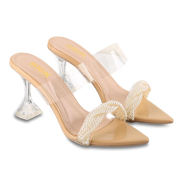 Women's Pearl Embellished Heeled Sandals With 3.5 Inches Clear Prism Heel, Pointed Toe Design, Transparent Strap Styling, Clear Prism Heel, Occasion Fashion Footwear