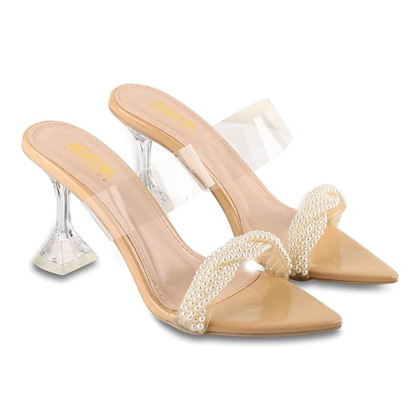 Women's Pearl Embellished Heeled Sandals With 3.5 Inches Clear Prism Heel, Pointed Toe Design, Transparent Strap Styling, Clear Prism Heel, Occasion Fashion Footwear