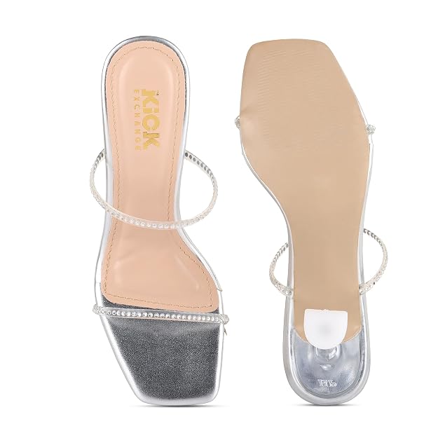Women's Rhinestone Strap Sandals With 3 Inches Clear Spool Heel, Square Toe Design, Slip On Party Style, Occasion Fashion Wear Main Image