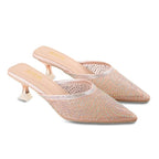 Women's Rhinestone Embellished Mule Sandals With 2 Inches Spool Heel, Pointed Toe Design,Slip On Fashion Footwear, Party Occasion Wear
