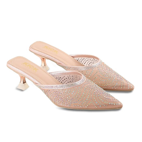 Women's Rhinestone Embellished Mule Sandals With 2 Inches Spool Heel, Pointed Toe Design,Slip On Fashion Footwear, Party Occasion Wear
