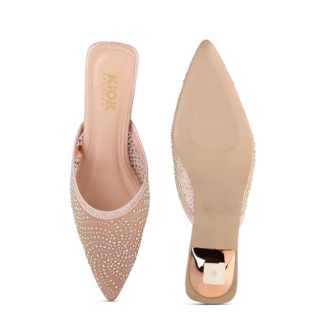 Women's Rhinestone Embellished Mule Sandals With 2 Inches Spool Heel, Pointed Toe Design,Slip On Fashion Footwear, Party Occasion Wear