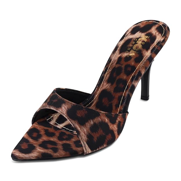 Women's Leopard Print Mule Sandals, Pointed Toe Design, Stiletto Heel Footwear, Slip On Fashion Style, Animal Pattern Occasion Wear, 3.5 Inch Stiletto Heels