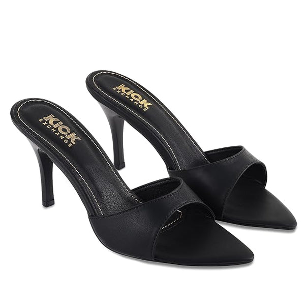 Women's Pointed Toe Stiletto Mule Sandals, Slip On Design, Elegant, Fashion Footwear for Party Evening Casual Occasion Styling, 3.5-Inch Stiletto Heels Black