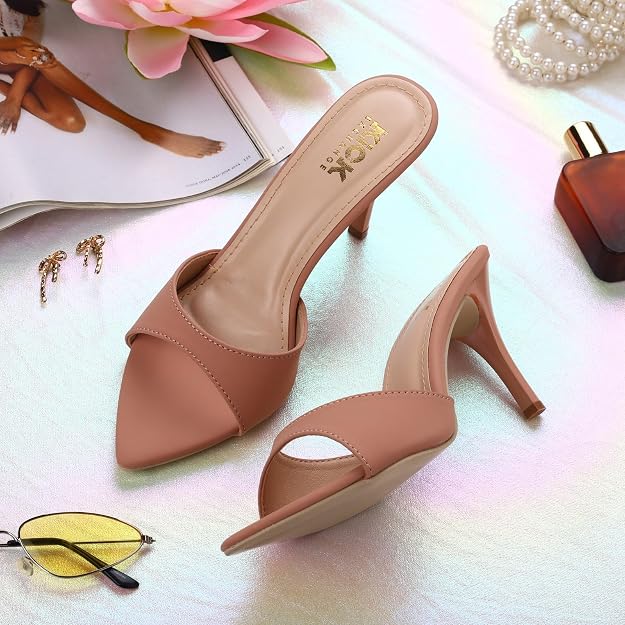 Women's Pointed Toe Stiletto Mule Sandals, Slip On Design, Elegant, Fashion Footwear for Party Evening Casual Occasion Styling, 3.5-Inch Stiletto Heels Peach