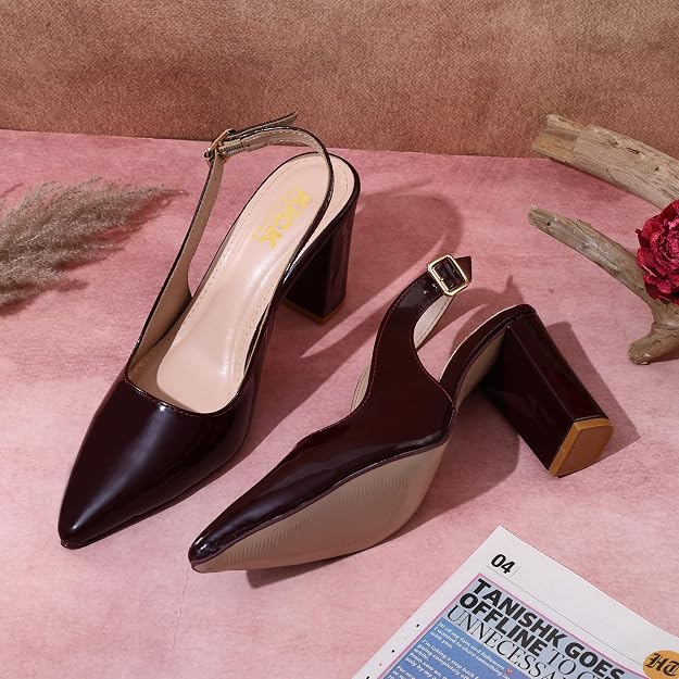 Women's Slingback Block Heel Sandals With 3.5 Inches Clear Heel, Pointed Toe Design, Adjustable Buckle Strap, Glossy Fashion Footwear, Occasion Wear