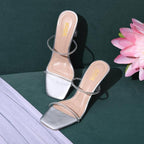Women's Rhinestone Strap Sandals With 3 Inches Clear Spool Heel, Square Toe Design, Slip On Party Style, Occasion Fashion Wear
