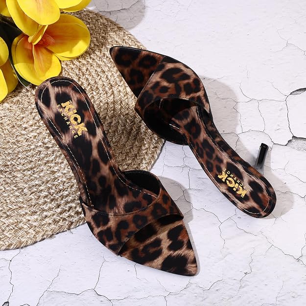 Women's Leopard Print Mule Sandals, Pointed Toe Design, Stiletto Heel Footwear, Slip On Fashion Style, Animal Pattern Occasion Wear, 3.5 Inch Stiletto Heels
