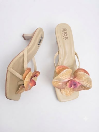 THE KICK EXCHANGE Women’s Flower Embellished Kitten Heeled Sandals Square Toe Slip-On Party & Casual Dress Heels Hover Image