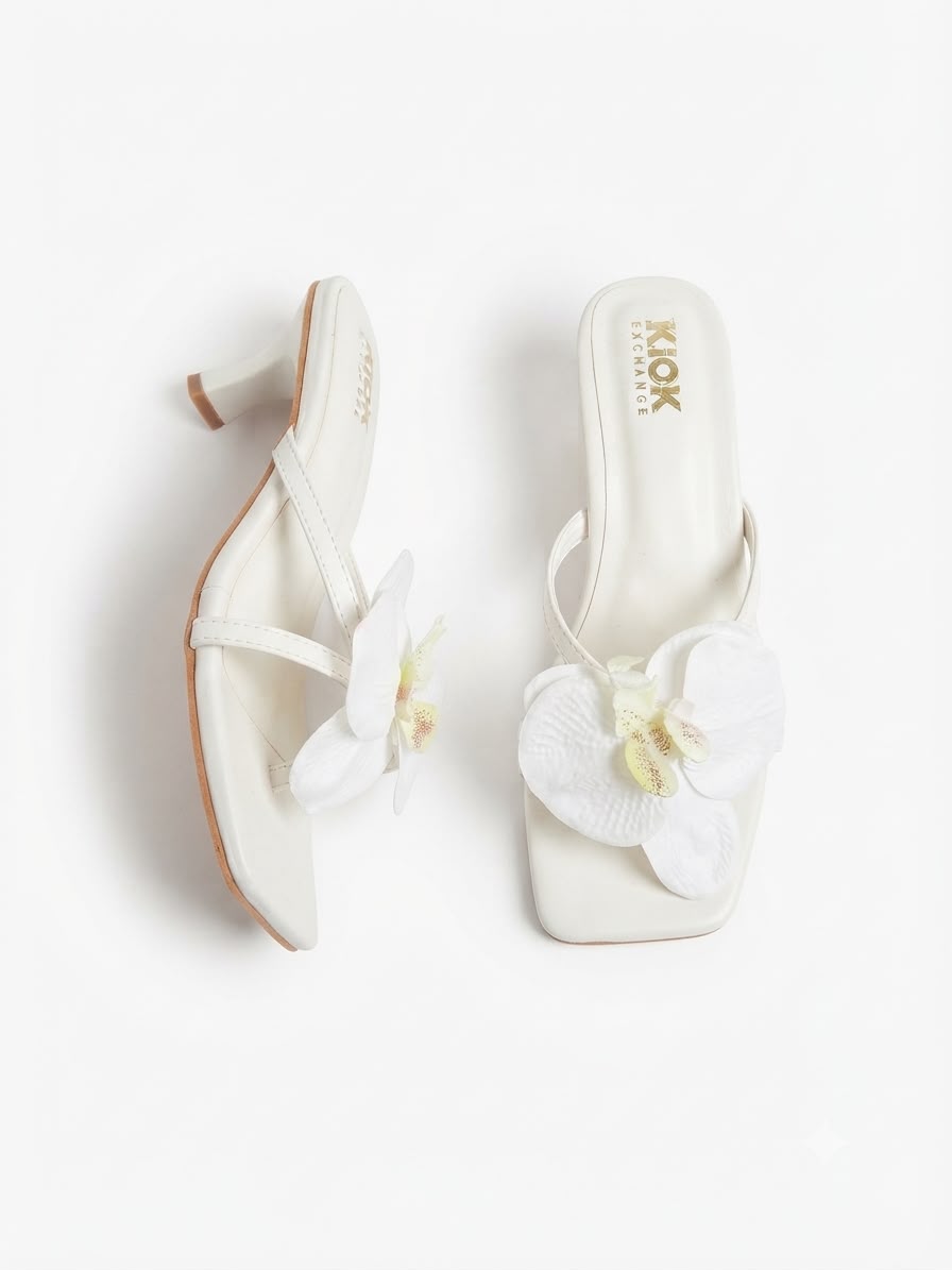 THE KICK EXCHANGE Women’s Flower Embellished Kitten Heeled Sandals Square Toe Slip-On Party & Casual Dress Heels