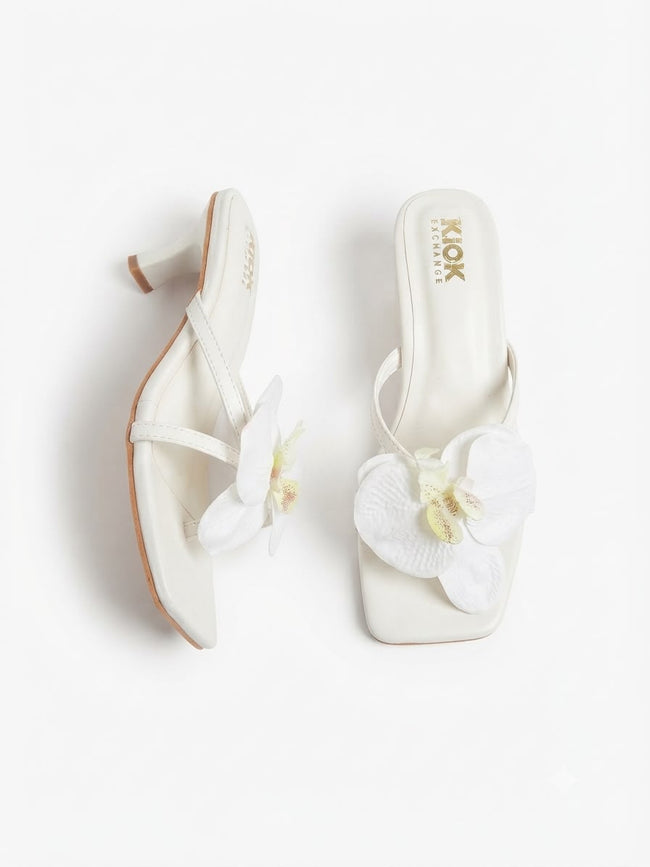 THE KICK EXCHANGE Women’s Flower Embellished Kitten Heeled Sandals Square Toe Slip-On Party & Casual Dress Heels Hover Image