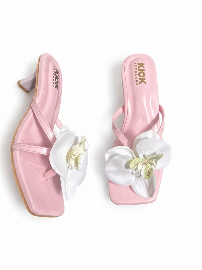 THE KICK EXCHANGE Women’s Flower Embellished Kitten Heeled Sandals Square Toe Slip-On Party & Casual Dress Heels Hover Image